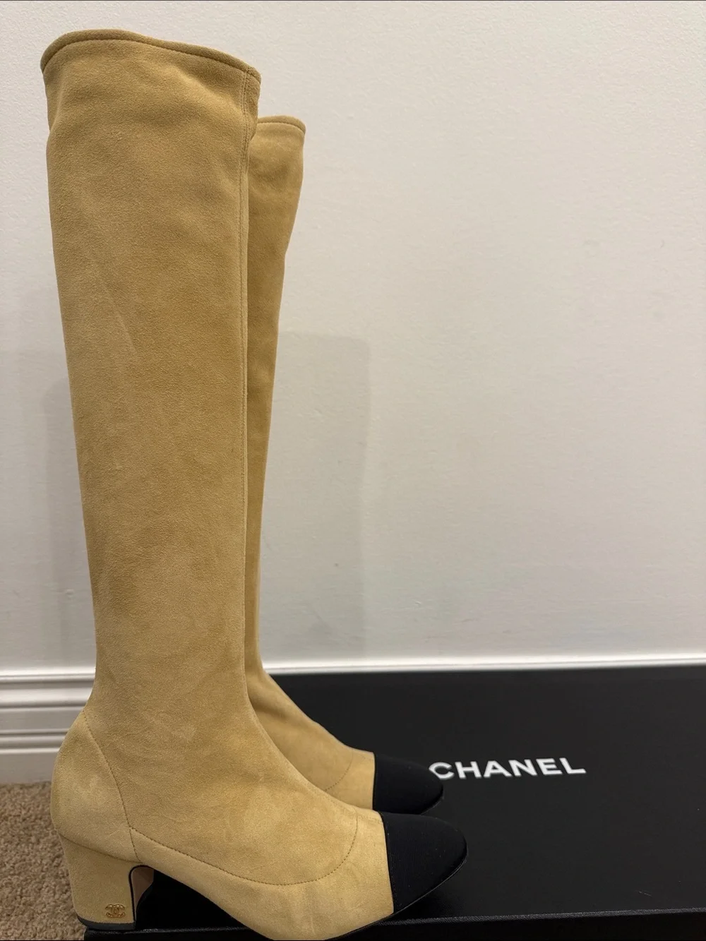 CHANEL Beige Black Cap Toe Stretch Suede Knee High Boots 37 Classic Full Set